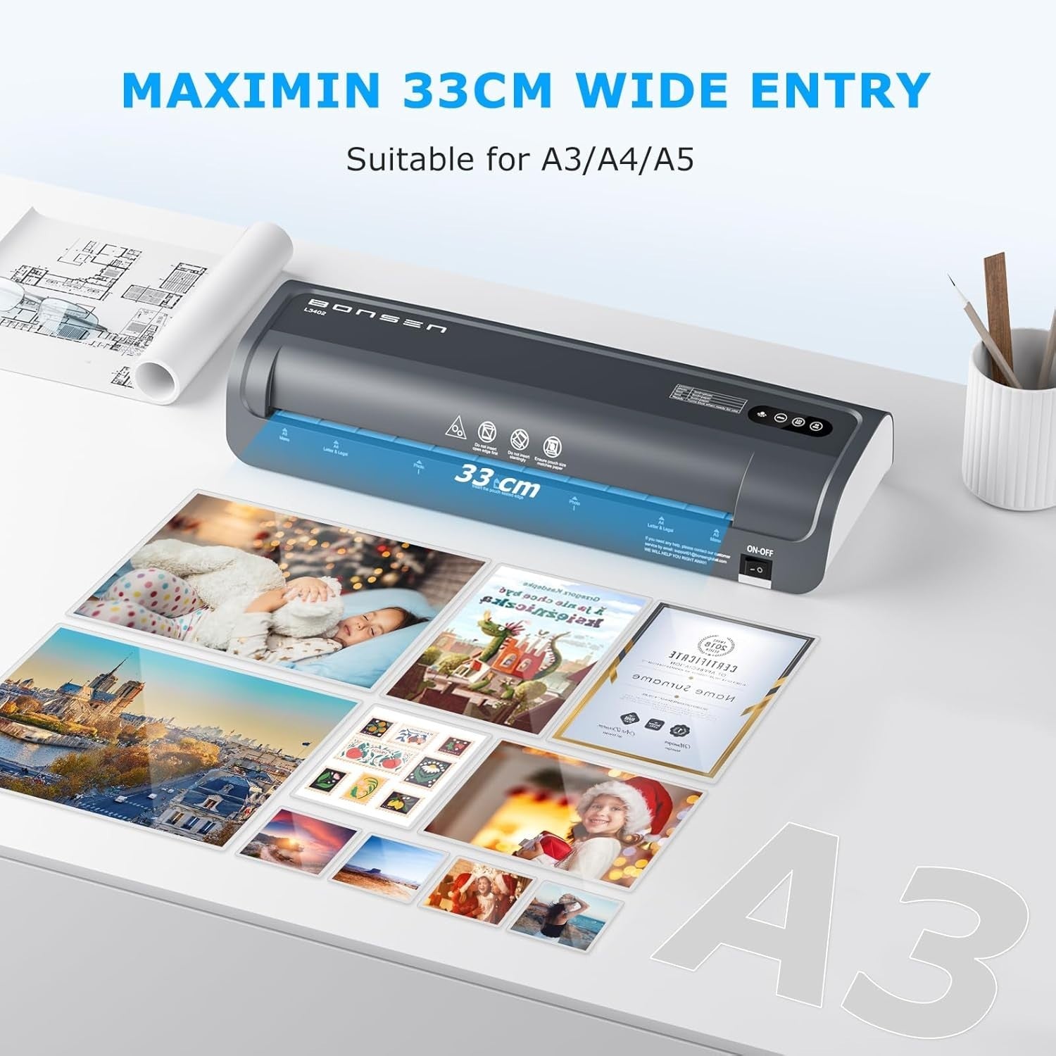 A3 Laminator Machine Anti-Jam Fast Warm-Up 125 Mic Heavy Duty + 100 Pouches