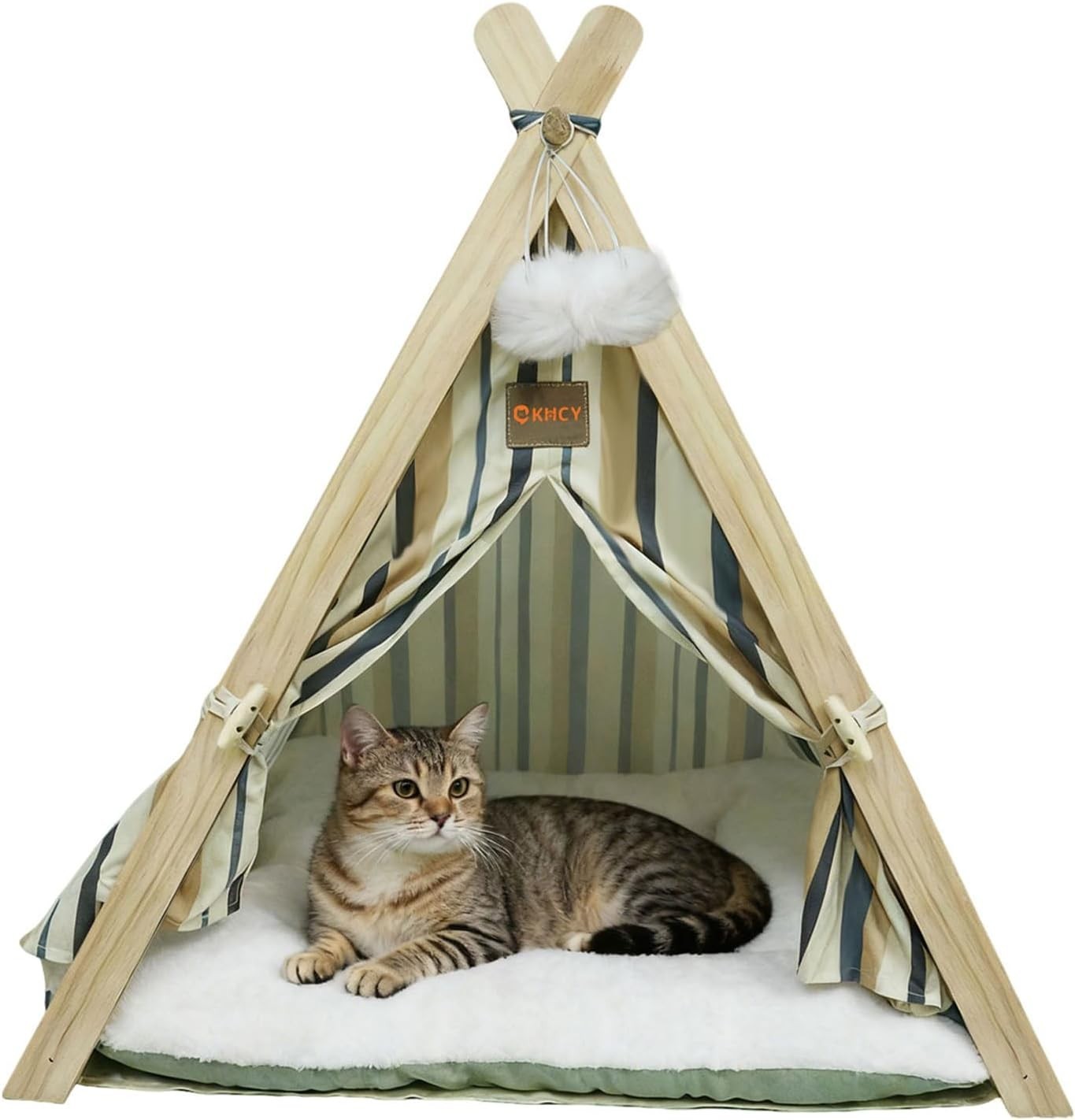 Wooden Pet Teepee Tent Cat Dog House w Cushion Indoor Shelter Striped