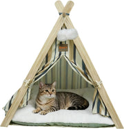 Wooden Pet Teepee Tent Cat Dog House w Cushion Indoor Shelter Striped