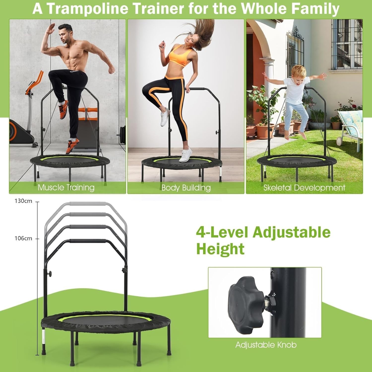 40in Foldable Fitness Trampoline Adjustable Handle Resistance Bands