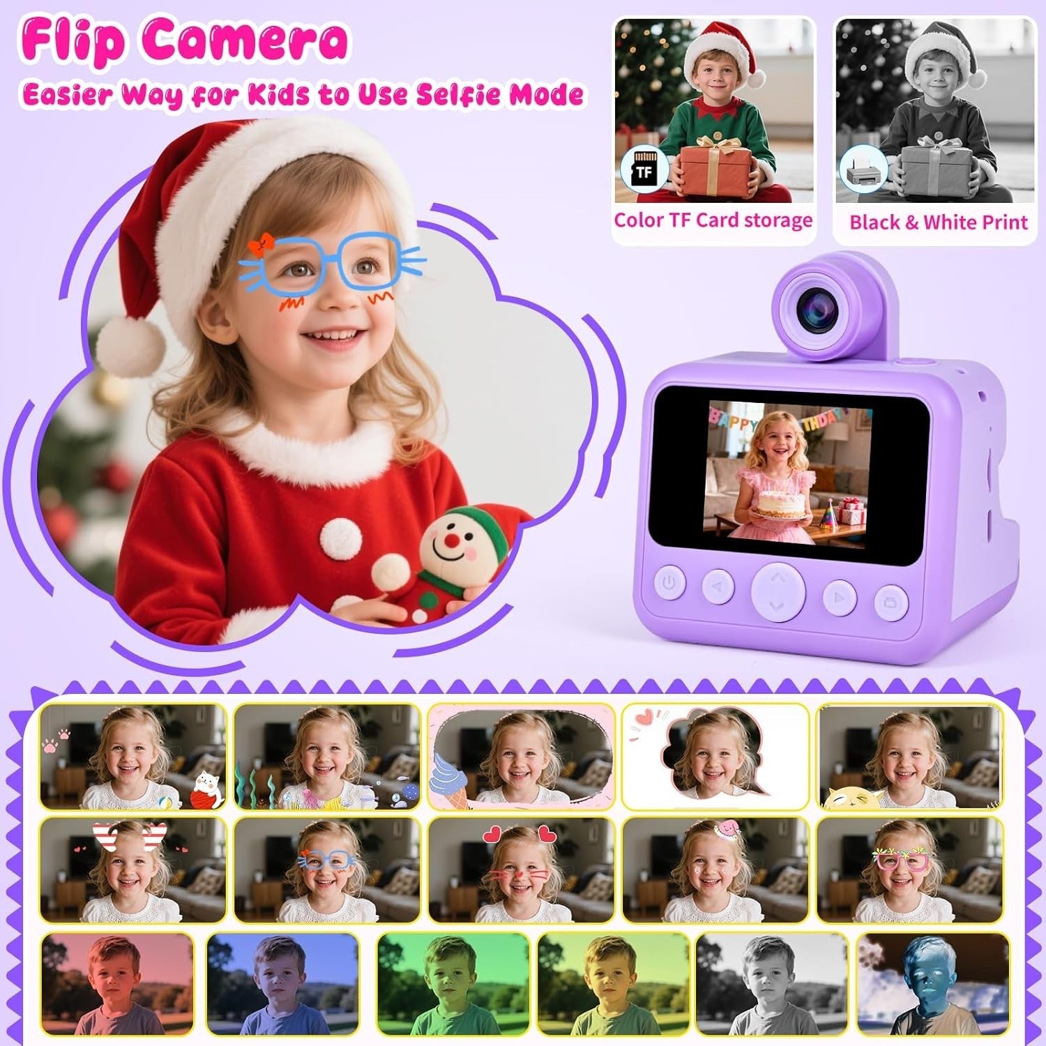 Kids Instant Print Camera 30MP 32GB Card 4 Paper Rolls Purple Kit