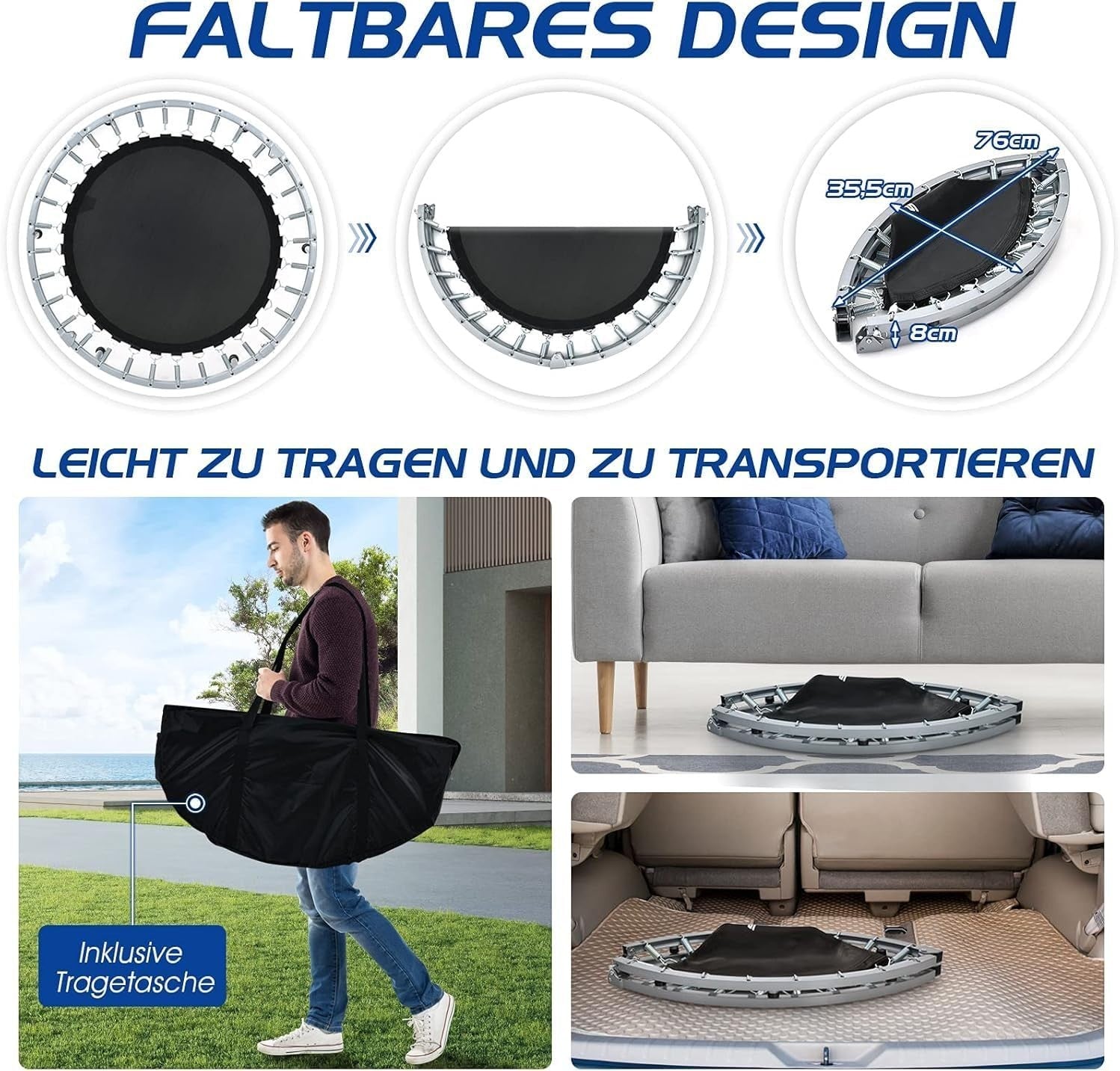 101cm Fitness Rebounder Trampoline Adjustable Handle Foldable 150kg