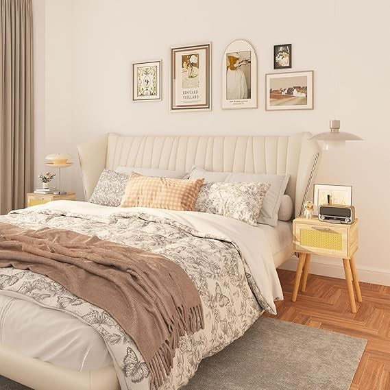 Set of 2 Natural Bedside Tables with Rattan Drawer & Wood Legs, Modern
