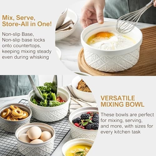 Large Mixing Bowls with Lids Ceramic Nesting Salad Prep Serving Bowls Set