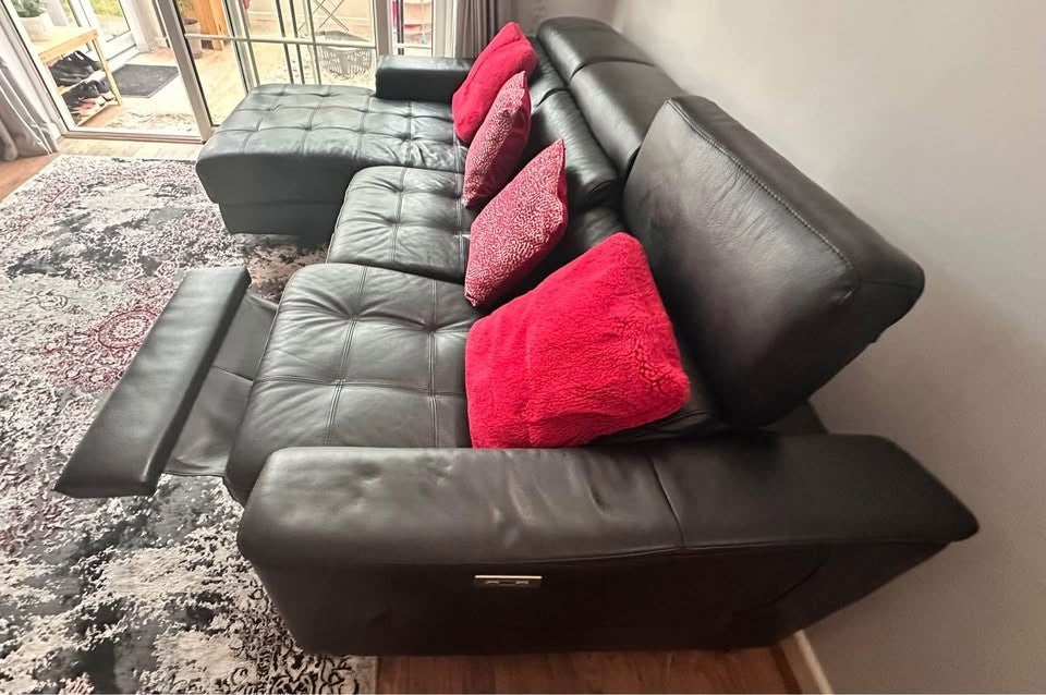 Italian Black Recliner Leather Corner Sofa L-Shape Sofa (PTP)