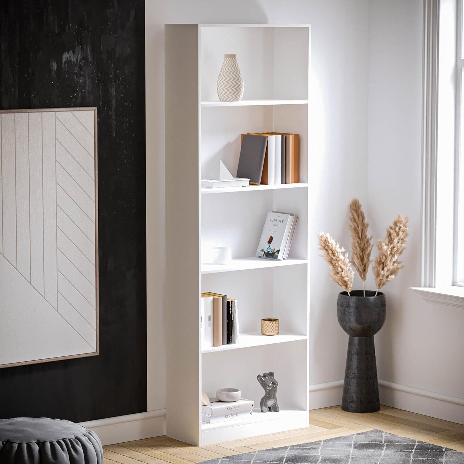 5 Tier White Wooden Bookcase Modern Storage Display Shelf for Living Room