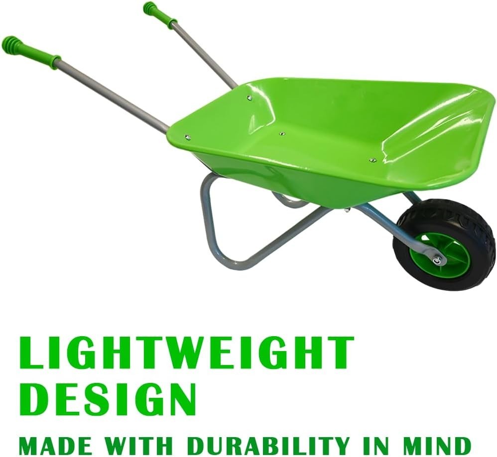 Kids Green Wheelbarrow Set 5pcs – Metal Toy Garden Tools w/ Gloves & Rake
