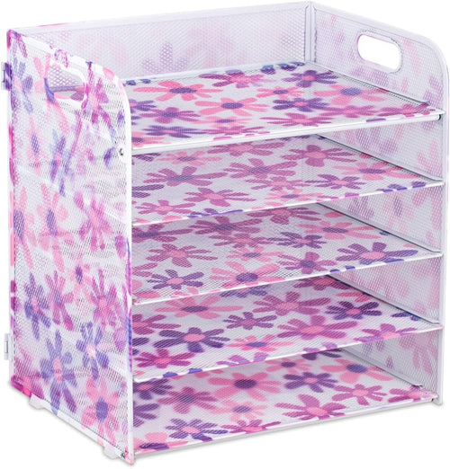 5-Tray Desk Organizer Paper File Holder with Handle Floral Desktop Storage