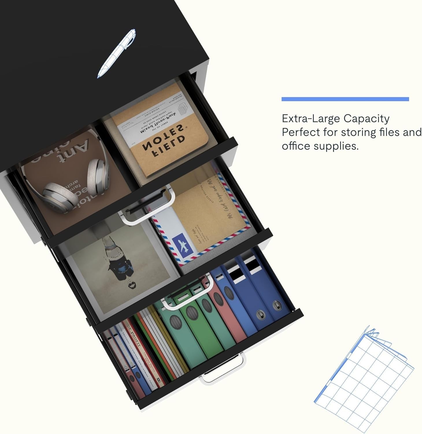 Black Mobile Filing Cabinet 3 Drawer A4 Under Desk Office Storage