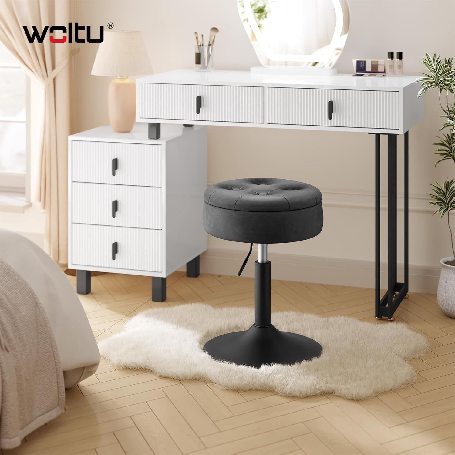 Anthracite Swivel Vanity Stool with Storage Adjustable Faux Leather Seat