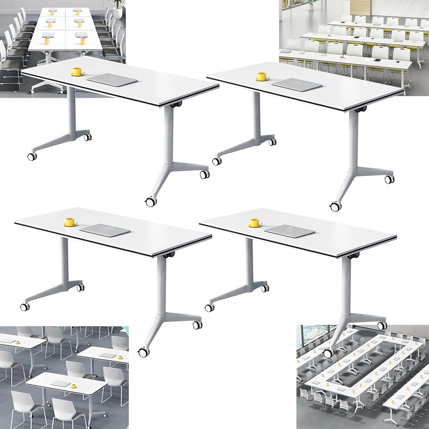 Set of 4 Foldable Conference Tables 120×60cm w/ Wheels – Mobile Training Desk