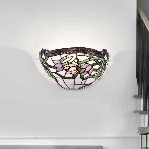 Tiffany Style Stained Glass Wall Light Uplighter 12x7.5” Vintage Sconce
