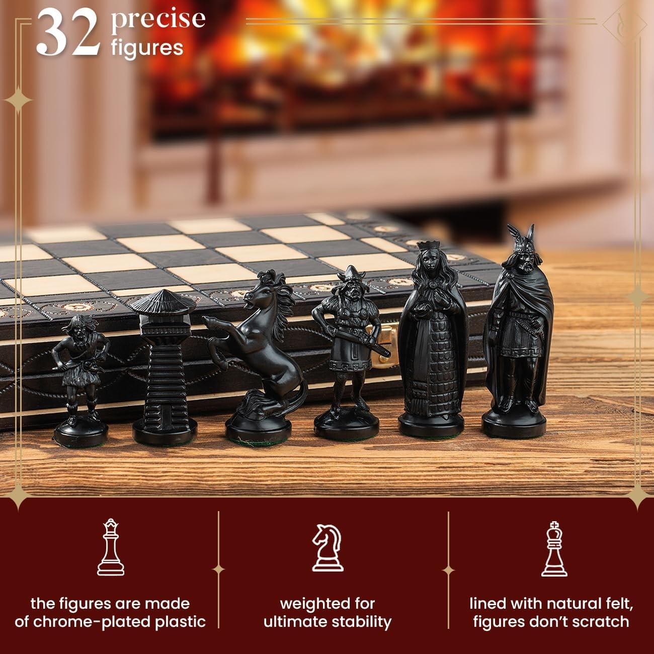 16" Viking Medieval Chess Set Weighted Pieces & Engraved Folding Board