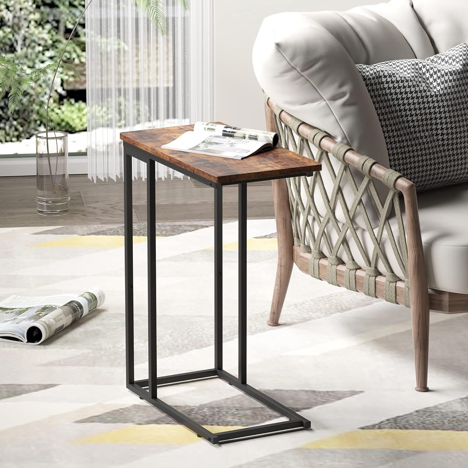 Slim C-Shaped Side Table for Sofa Bed, Rustic Brown Laptop & Snack Tray