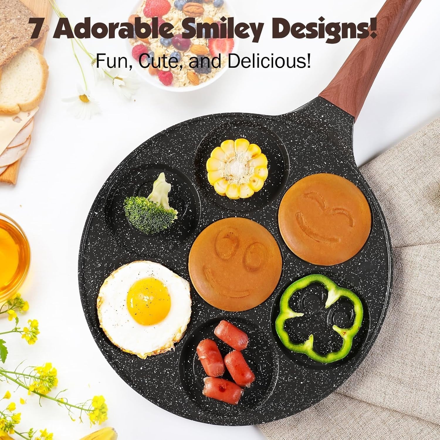 Non-Stick Smiley Pancake Pan 7-Cup Die-Cast Aluminium Breakfast Fun