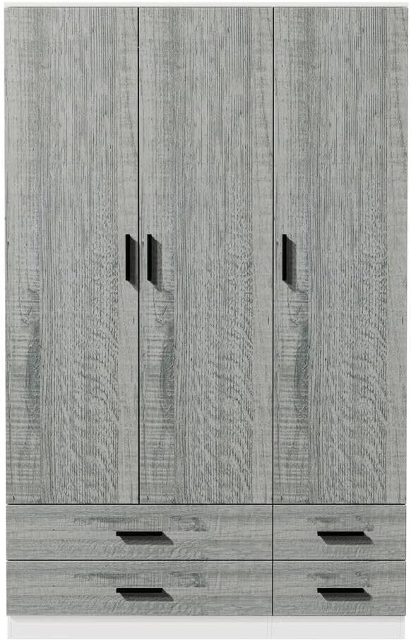 Ash Grey & White Wardrobe 3 Door 4 Drawer Modern Bedroom Storage Cupboard