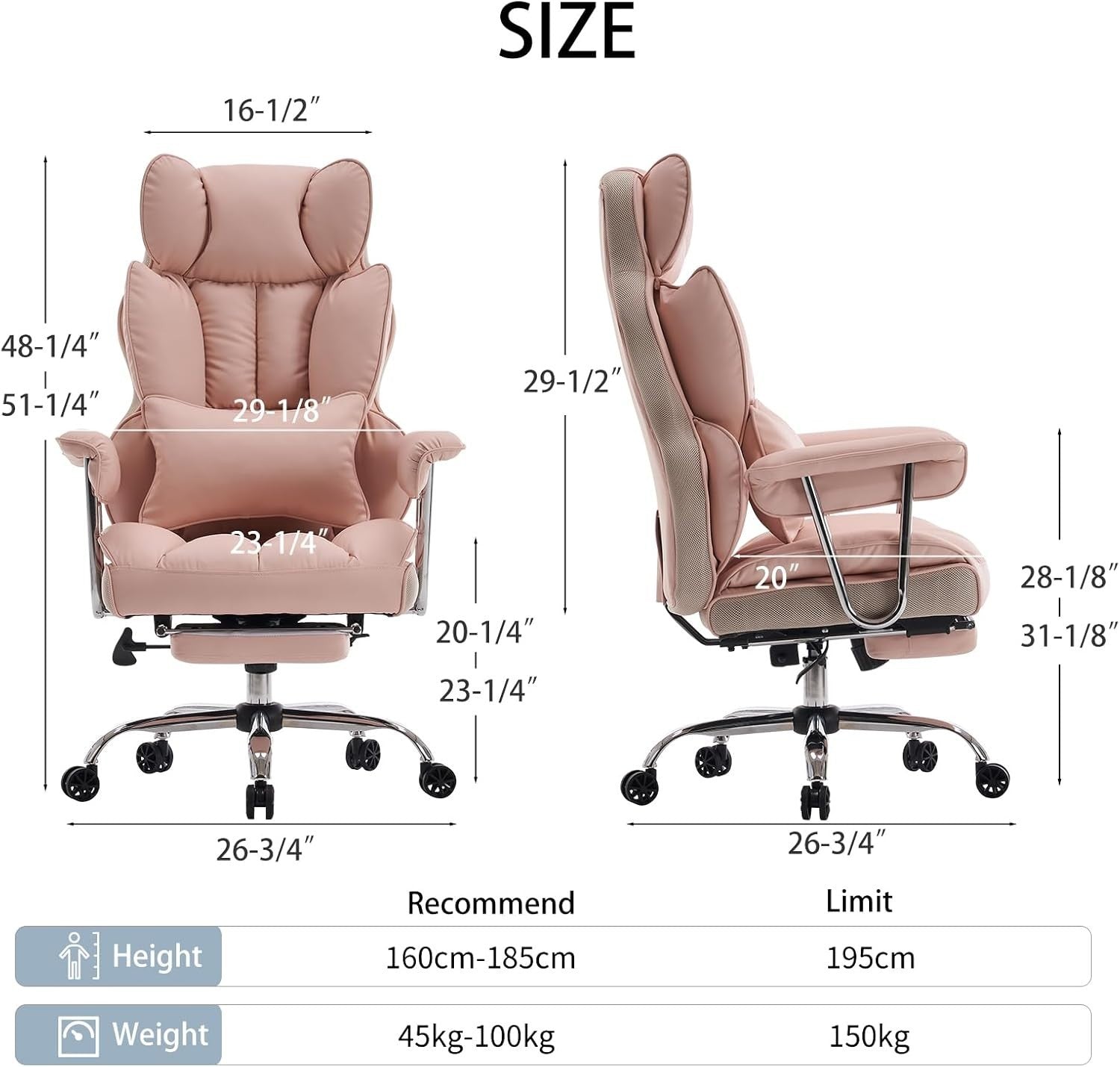 Oversized Executive Office Chair Pink Leather High Back Swivel Recliner Footrest