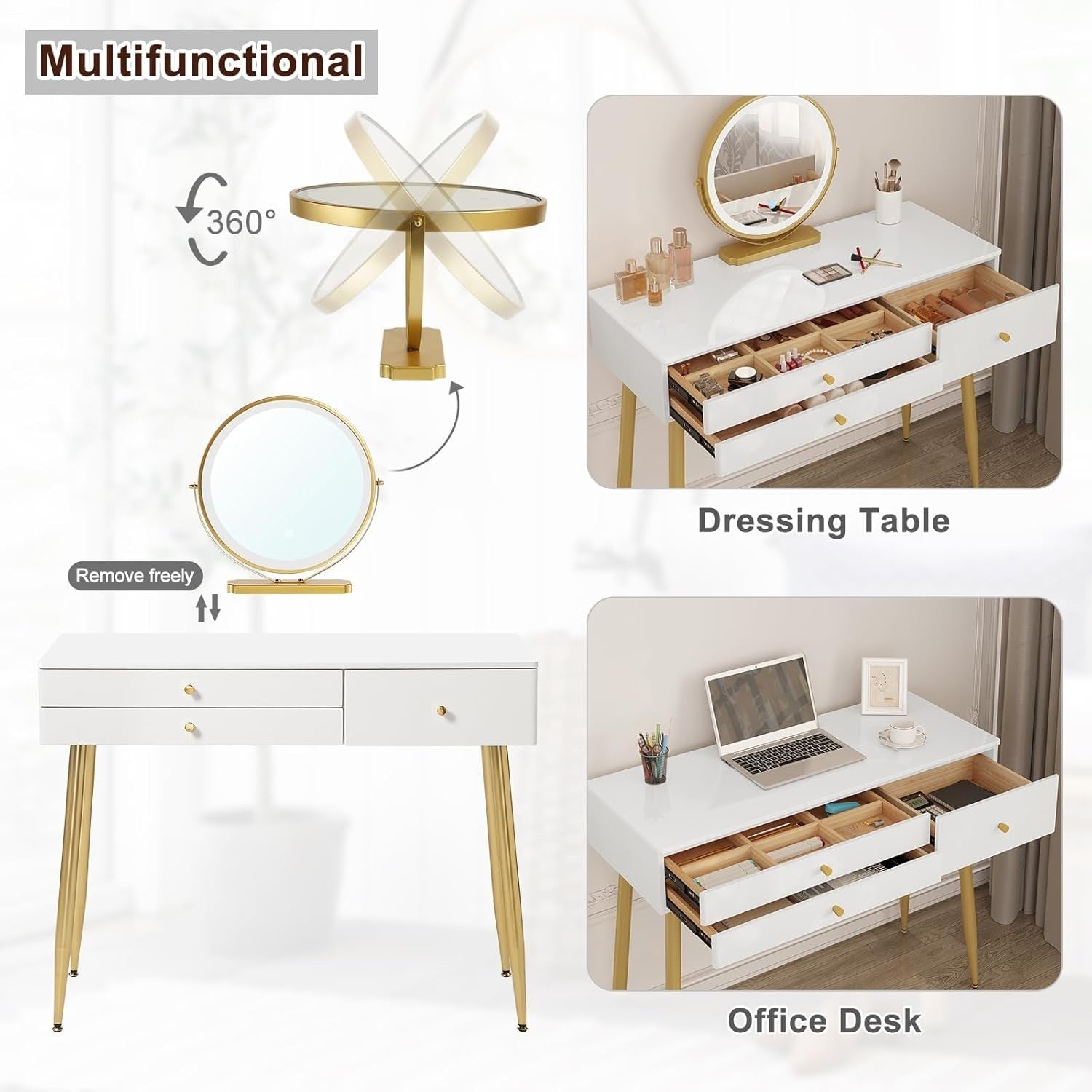 Modern Vanity Makeup Dressing Table Set LED Mirror 3 Drawers Stool White/Gold