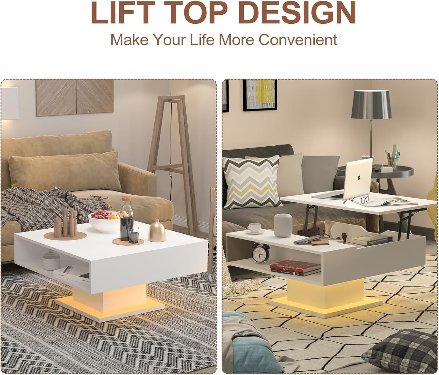 LED Lift Top Coffee Table with Storage 78x78cm – White Square Modern Design