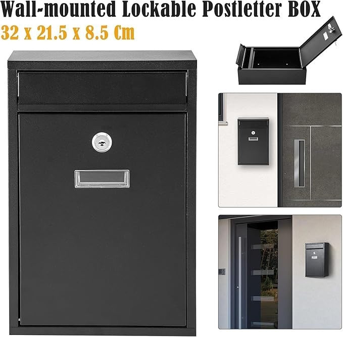 Lockable Wall Mounted Mailbox Black – Weatherproof Steel Post Box Outdoor Use