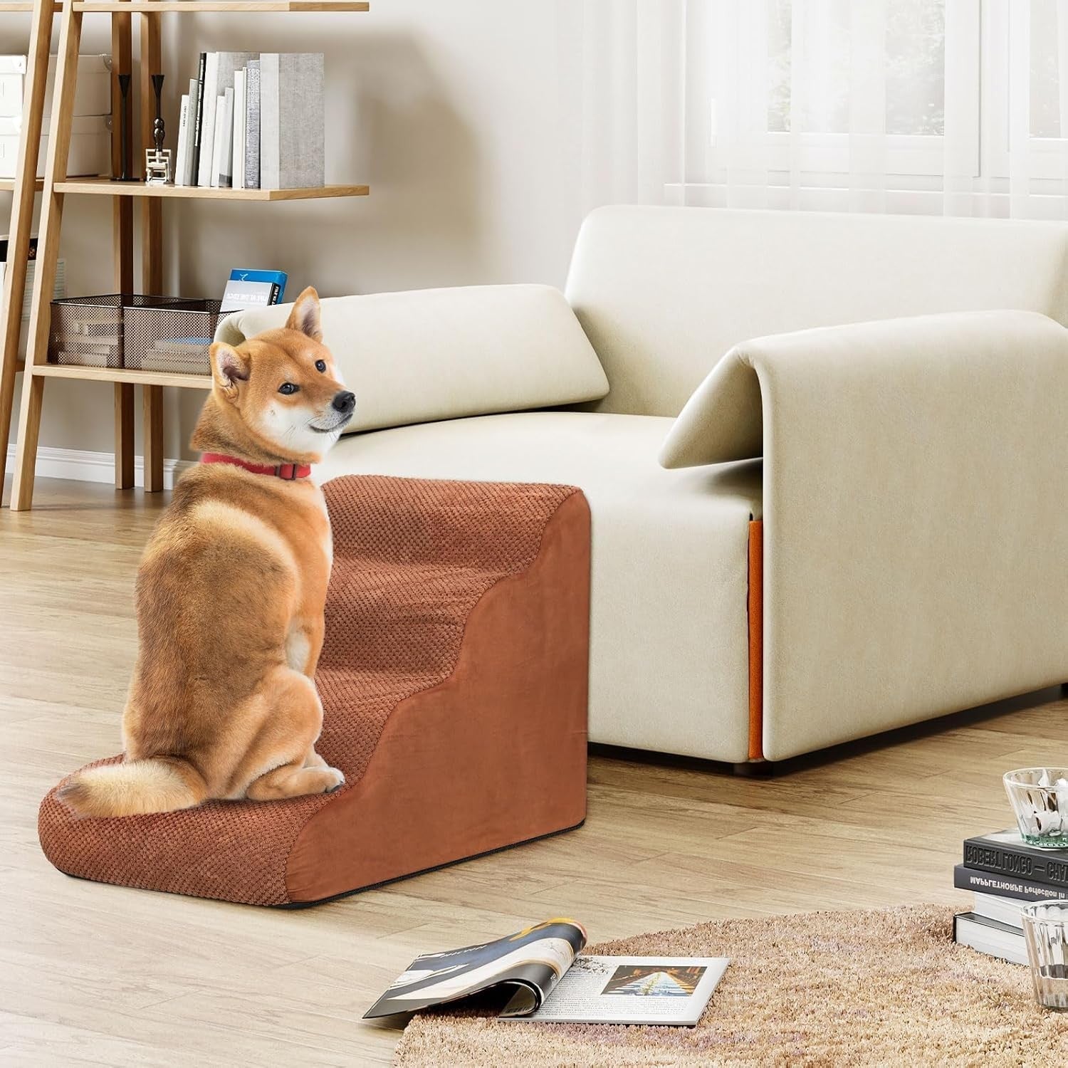 4-Step Dog Stairs Bed Sofa Non-Slip Foam Pet Ladder Brown