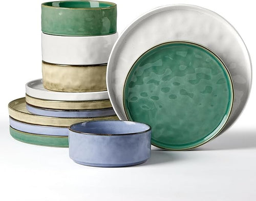 12 Piece Multicolor Stoneware Dinner Set for 4 Reactive Glaze Plates Bowls