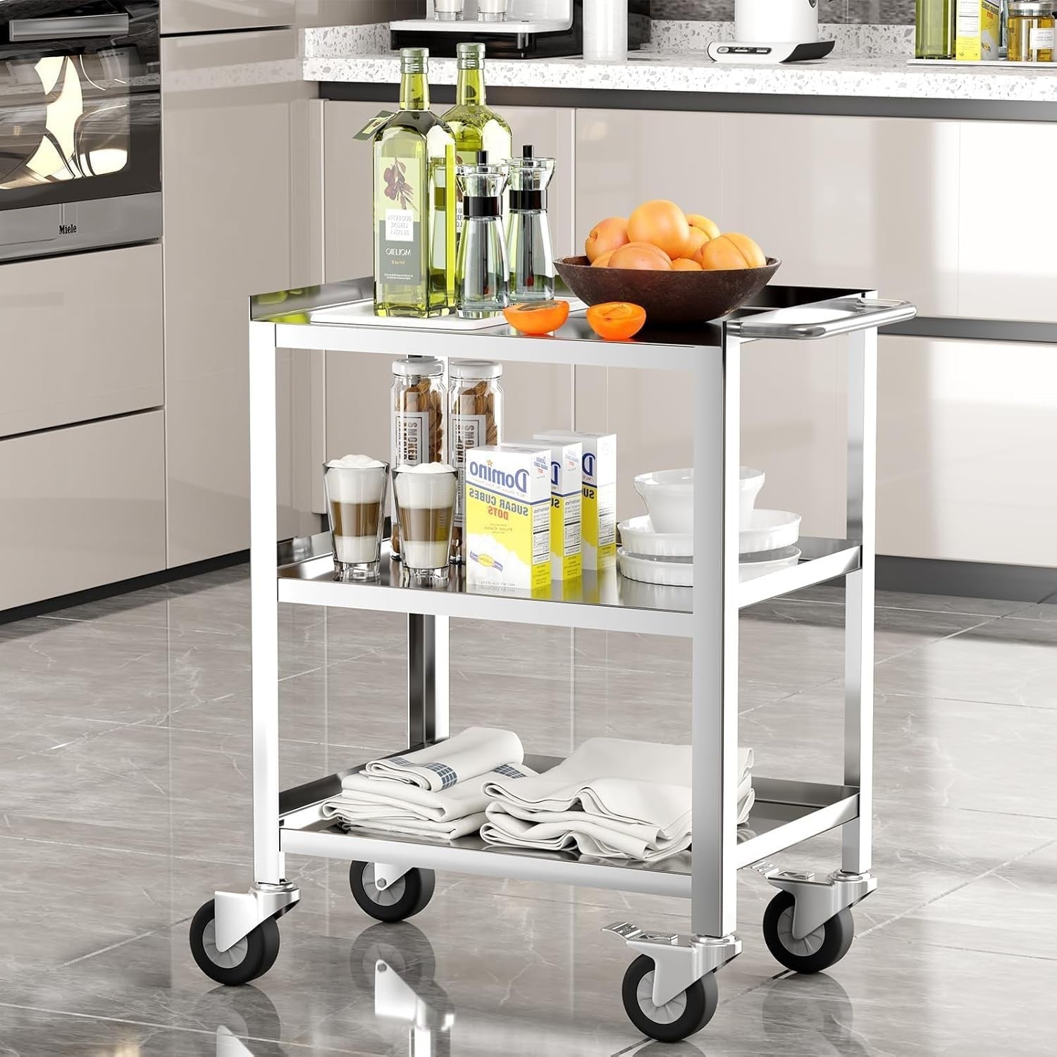 Stainless Steel Utility Cart 3 Tier Heavy Duty Serving Trolley Wheels