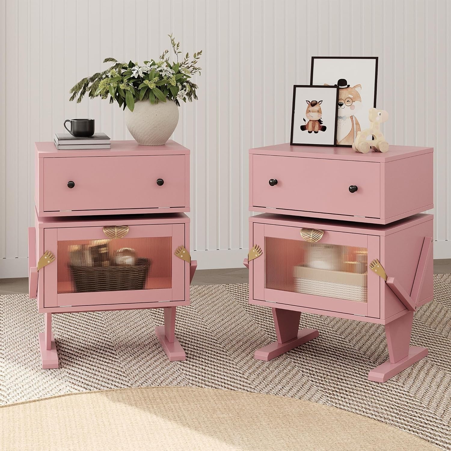 Kids Nightstand with LED Lights Pink Bedside Table Robot Design Storage