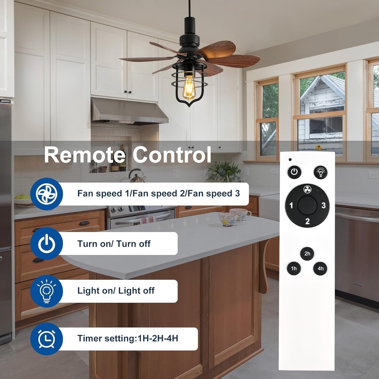 Ceiling Fan Light with Remote, 3 Speeds, Industrial Style, Black E27 Lamp
