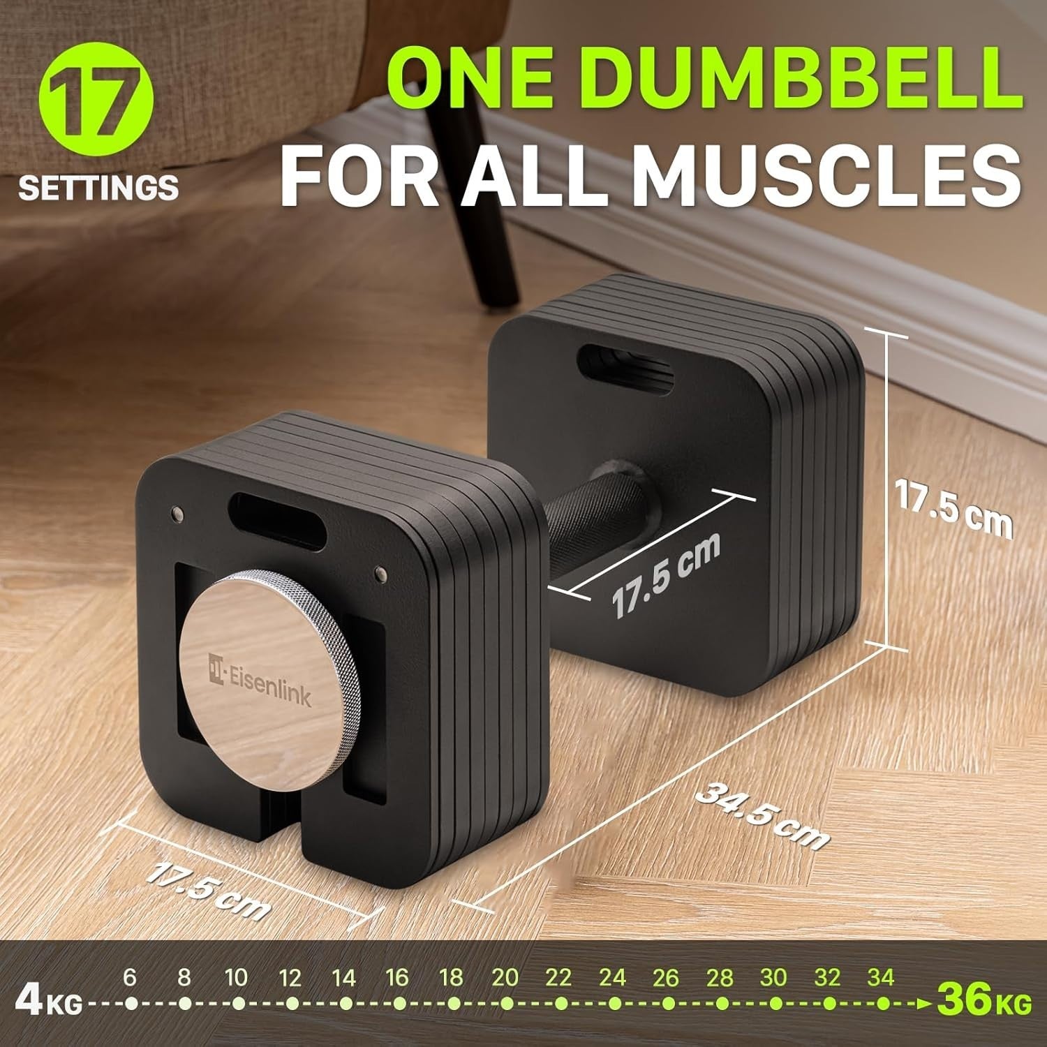 36kg Adjustable Dumbbell Single 2kg Increments Alloy Steel Safe Lock Gym