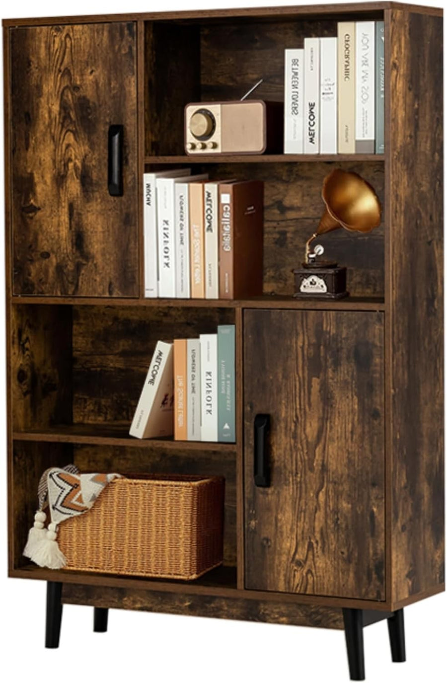 5-Tier Rustic Bookcase with Doors, Adjustable Shelves Tall Storage Cabinet 80×12