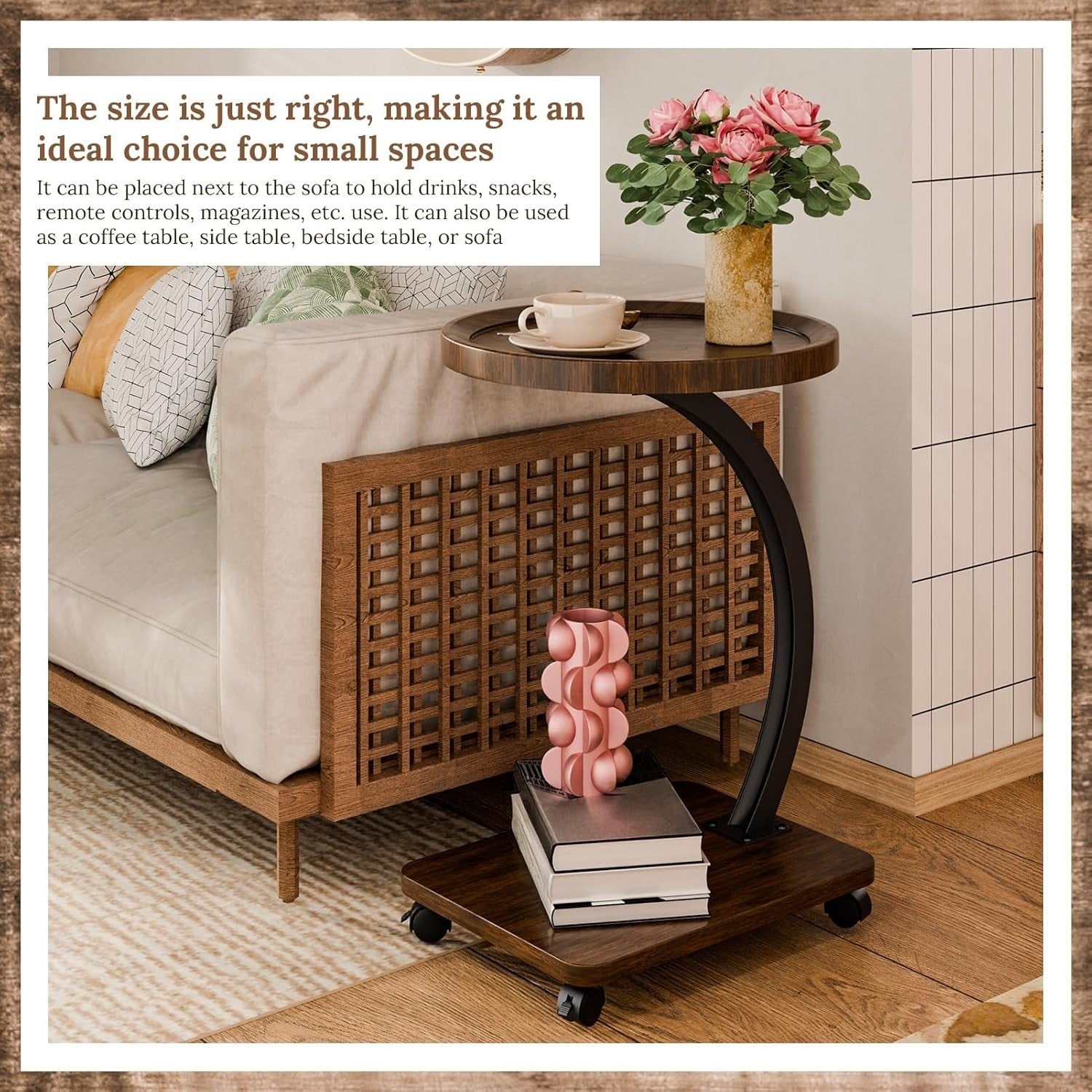 2-Tier C-Shaped Side Table with Casters Modern Small Sofa Bed Tray Table