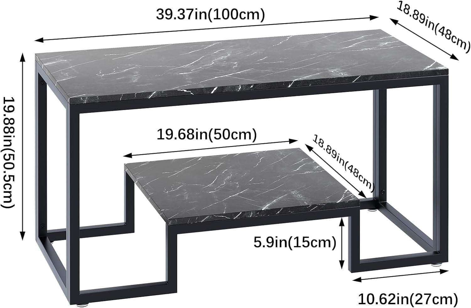 Black Marble Coffee Table with Storage – Modern 2-Tier Metal Frame 100cm