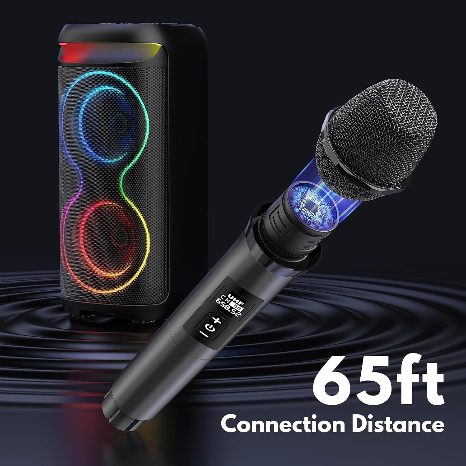 Black Party Karaoke Machine 2 Wireless Mics LED Bluetooth Speaker