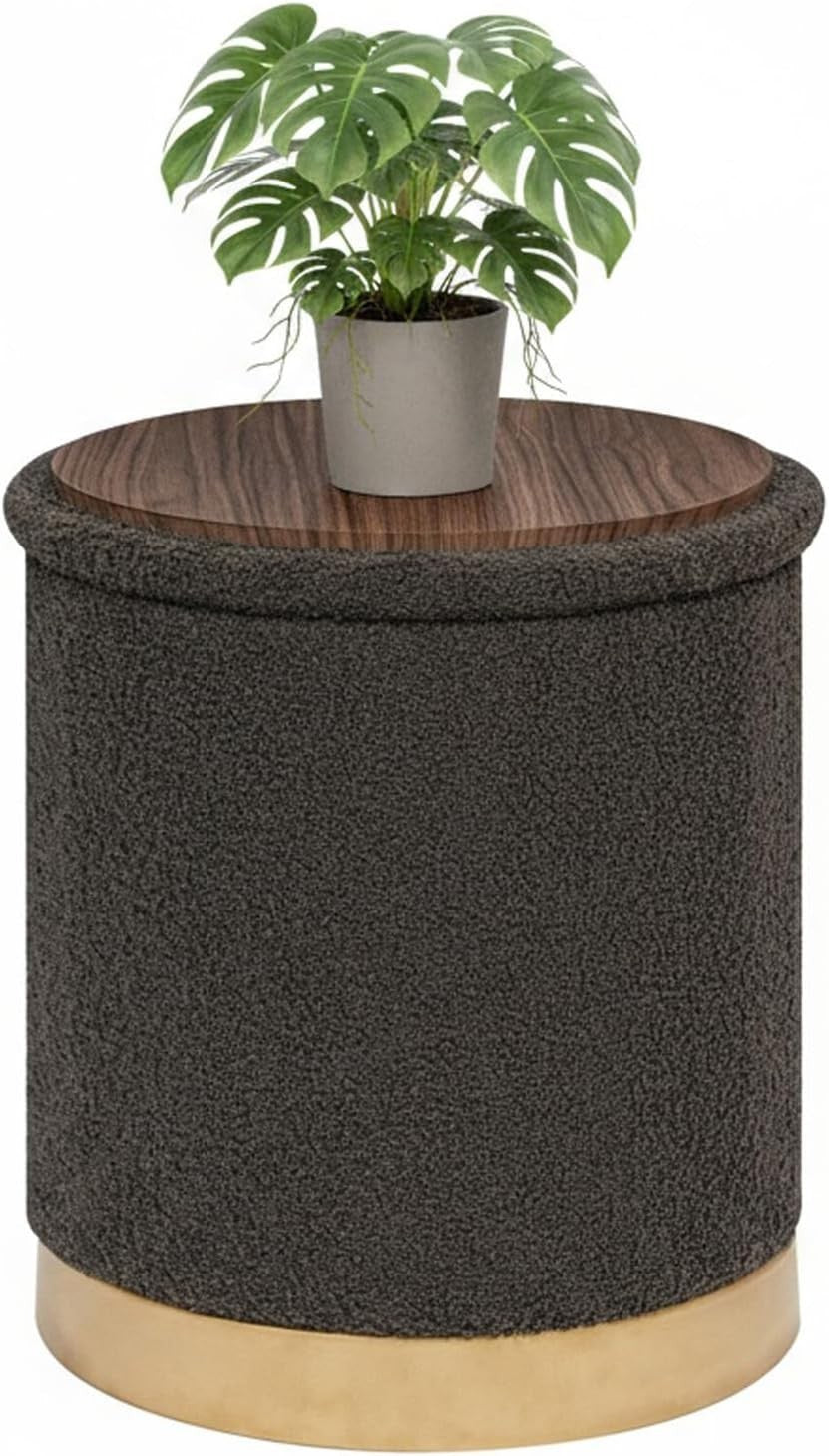 Grey Boucle Large Round Storage Ottoman Foldable Footrest with Tray Lid