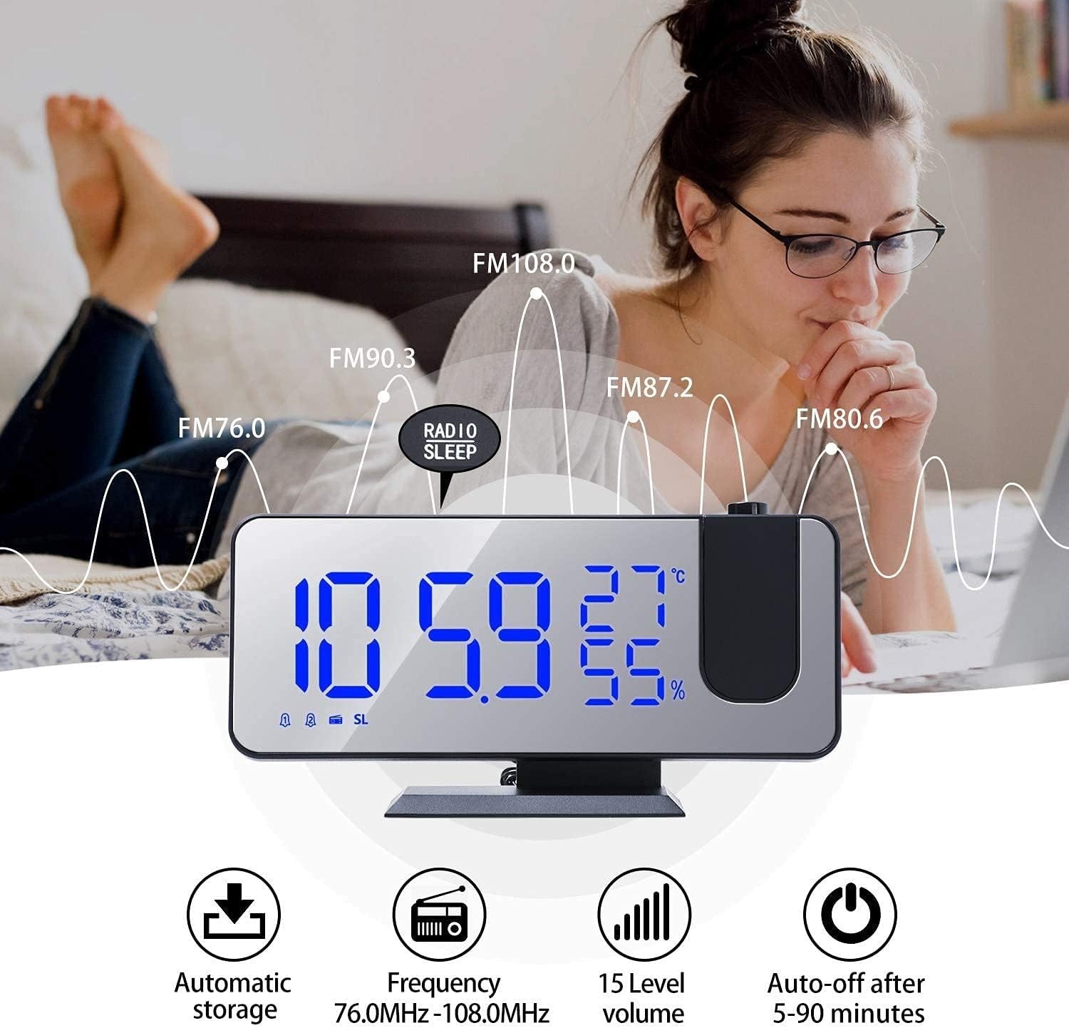 Black Projection Alarm Clock FM Radio USB Charger LED Temperature Display