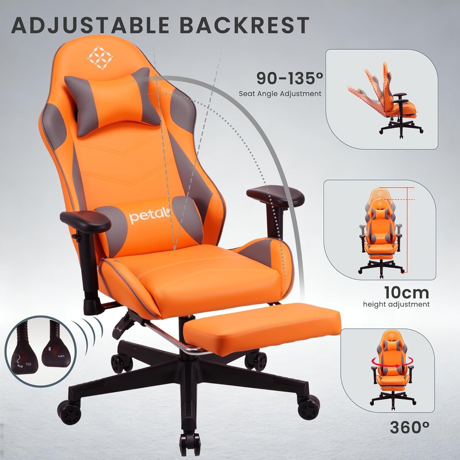 Ergonomic Gaming Chair Recliner w Footrest Lumbar Support Orange