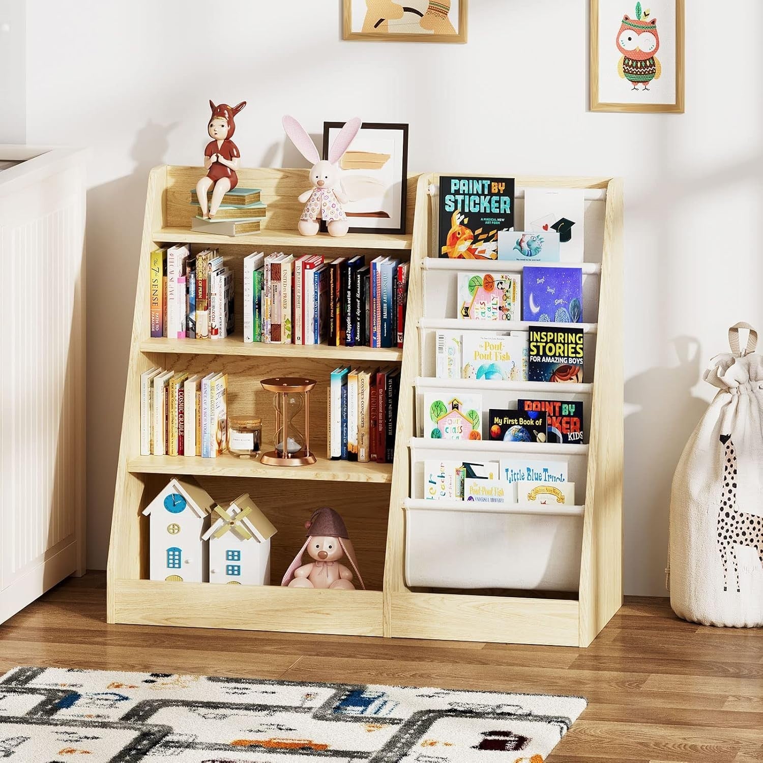 Kids Bookcase with 5 Sling Pockets & 4 Shelves – Wooden Toy & Book Organizer