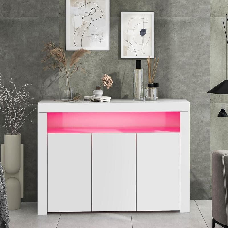 LED Sideboard Cabinet High Gloss White 3-Door Storage Unit with Lights