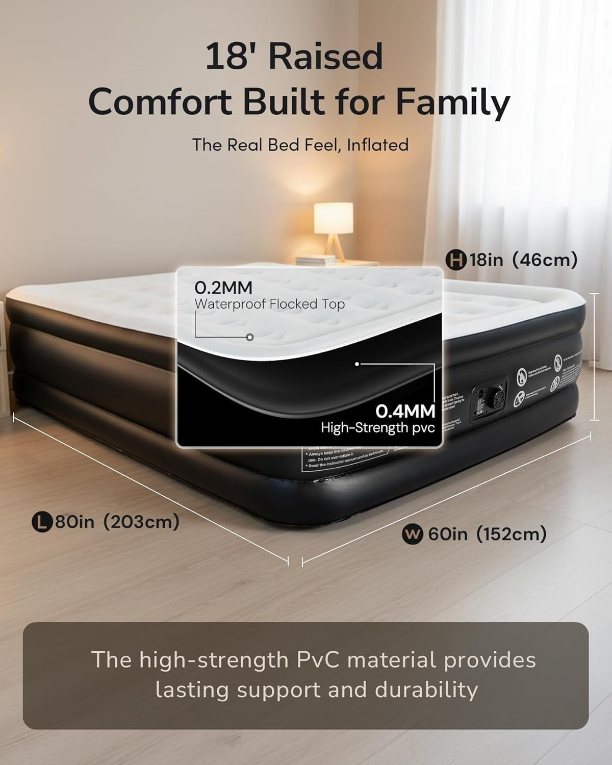 Self-Inflating Double Air Mattress with Built-In Pump – 3 Min Setup, Comfort