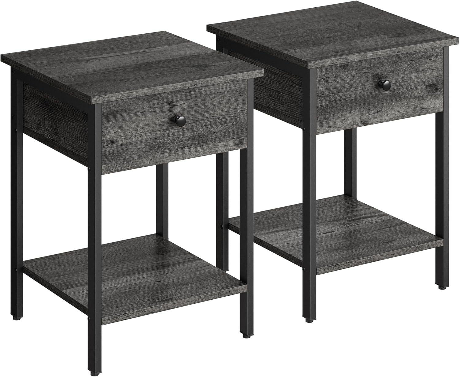 Set of 2 Grey Bedside Tables with Drawer & Shelf, Modern Storage Nightstands