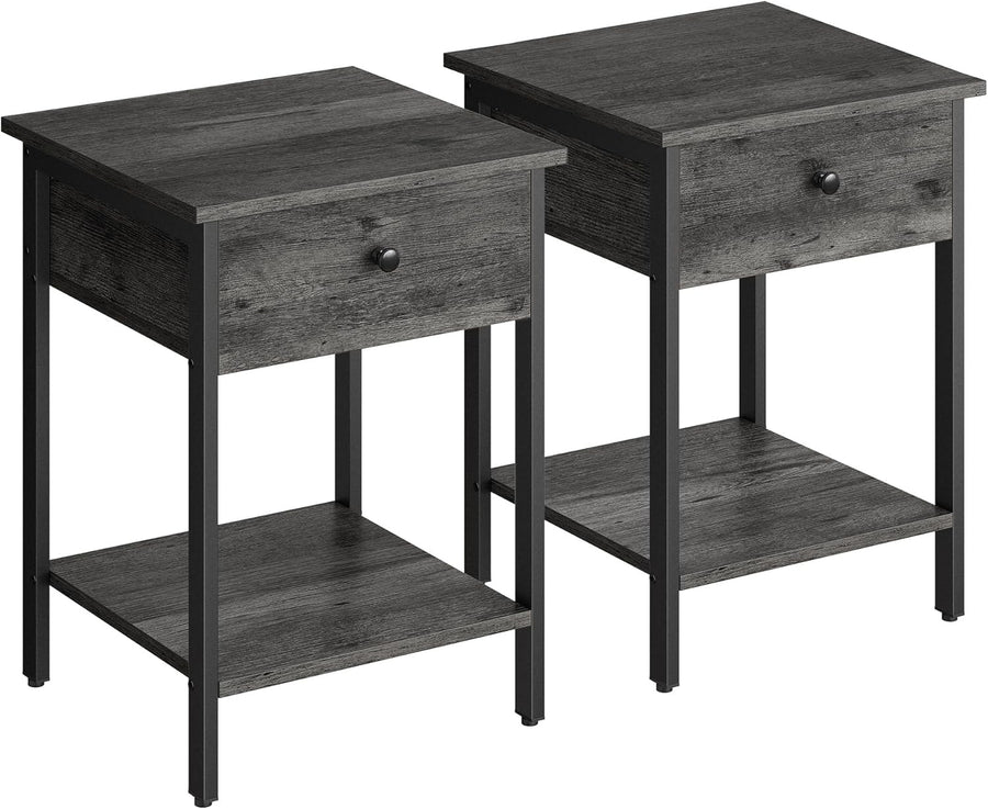 Set of 2 Grey Bedside Tables with Drawer & Shelf, Modern Storage Nightstands