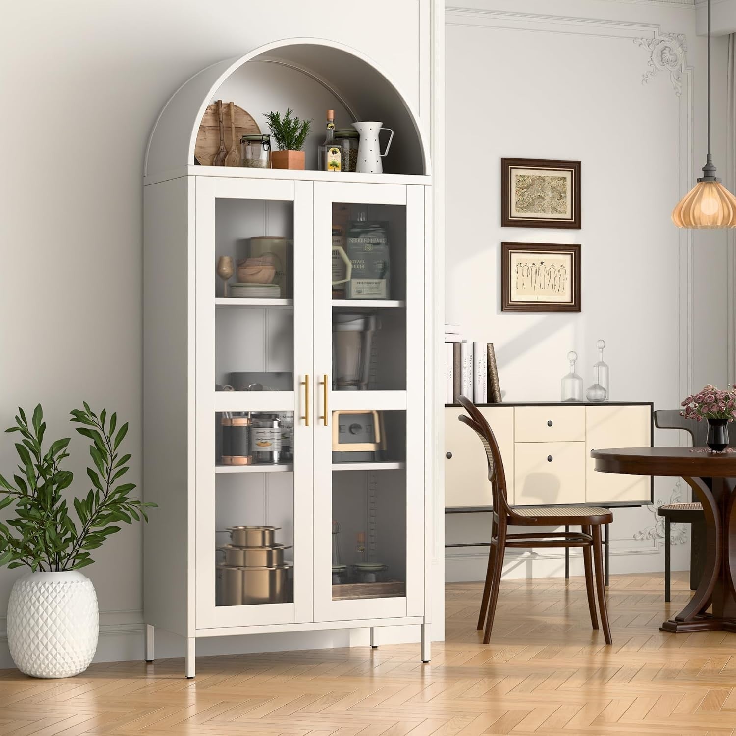 185cm Metal Arched Kitchen Pantry Cabinet White | 2-Door Storage