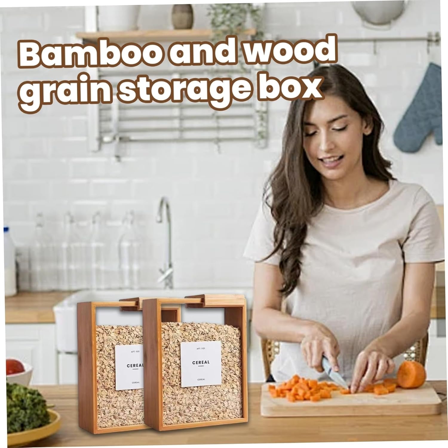 4PCS Bamboo Cereal Storage Containers 9x7x3in Stackable