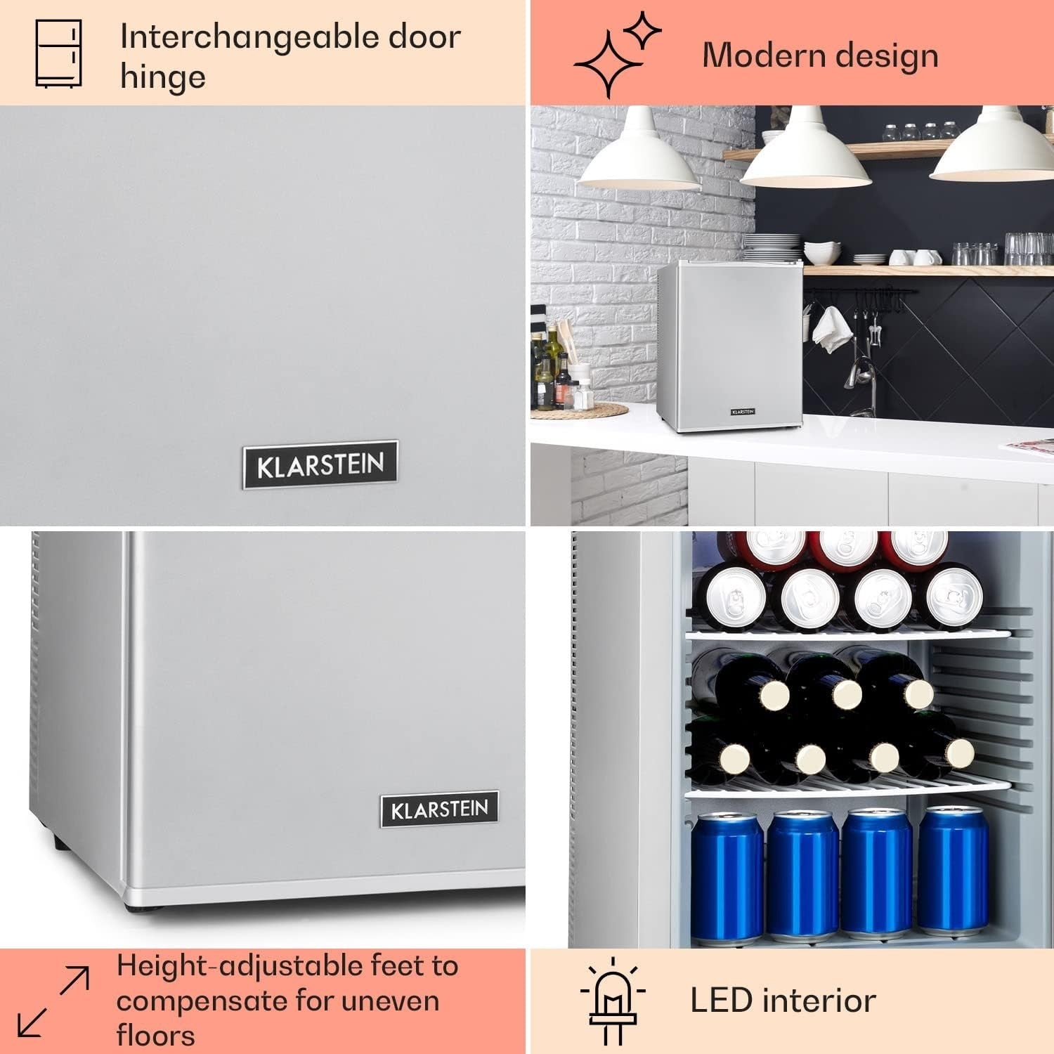 40L Mini Fridge Silver Portable Cooler and Drinks Fridge Adjustable Shelves