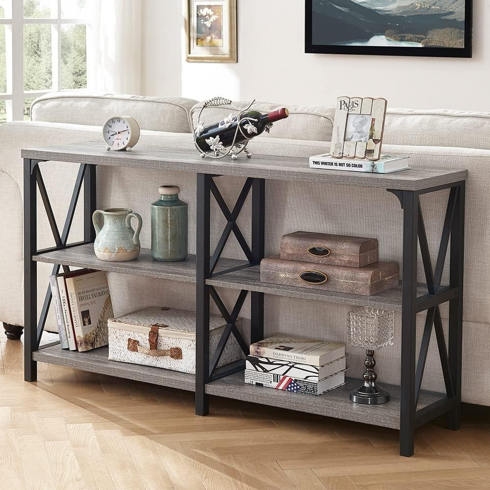 Rustic Grey Oak Console Table with Storage Shelves - 120x34x75.5cm Durable