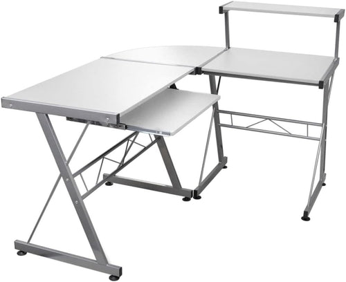 White L-Shaped Corner Desk with Keyboard Tray & Shelf for Home Office