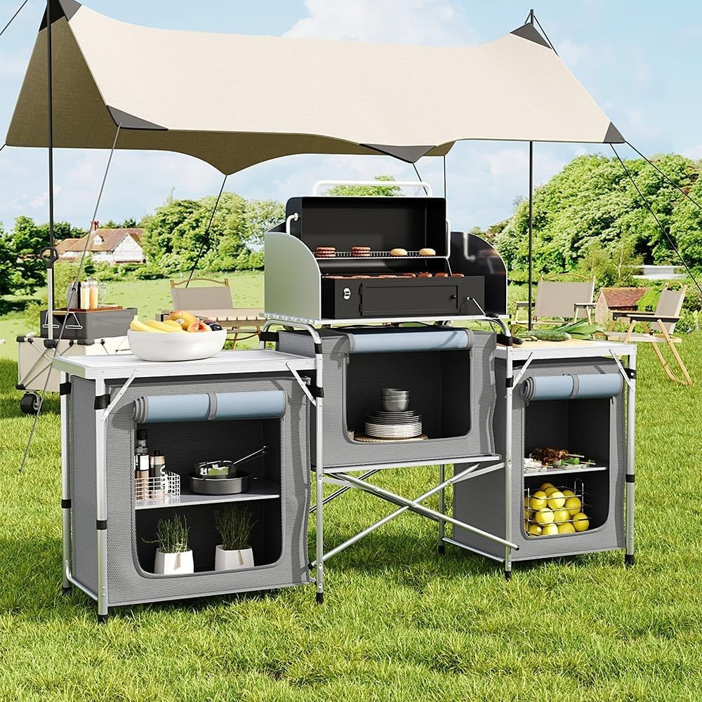 Outdoor Camping Kitchen with 5 Shelves, Foldable Aluminium BBQ Storage Table