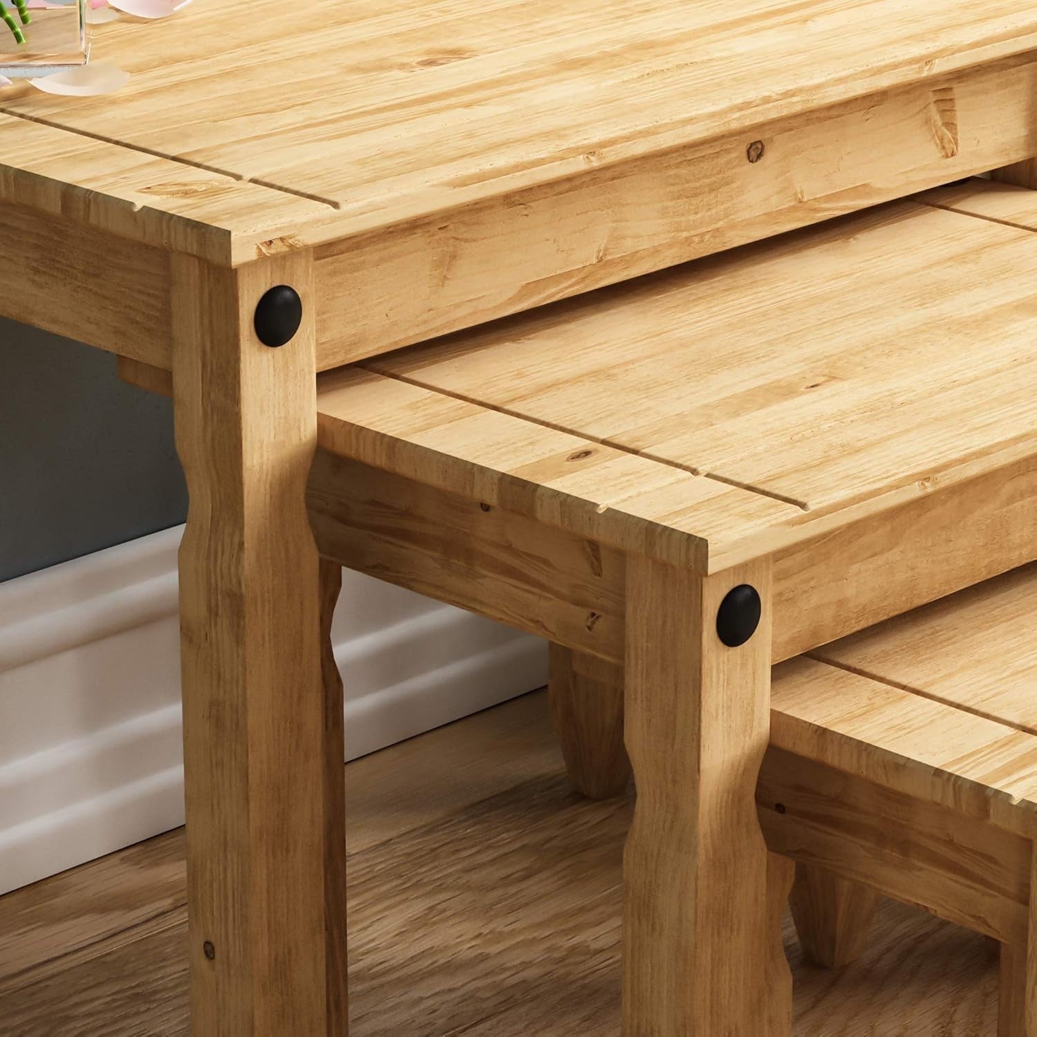 3x Pine Nest of Tables Set Solid Wood Distressed Wax Finish Side End Coffee