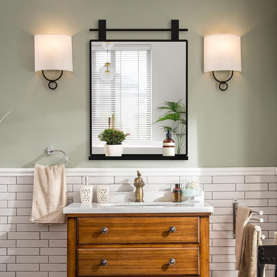 Modern Black Wall Mirror w/ Shelf 72x50cm – Bathroom Vanity, Entryway